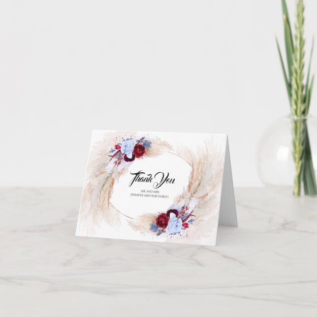Pampas Grass Burgundy Dusty Blue Wedding Thank You (Front)