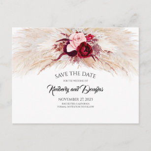 Pampas Grass Burgundy Red Floral Save the Date Announcement Postcard