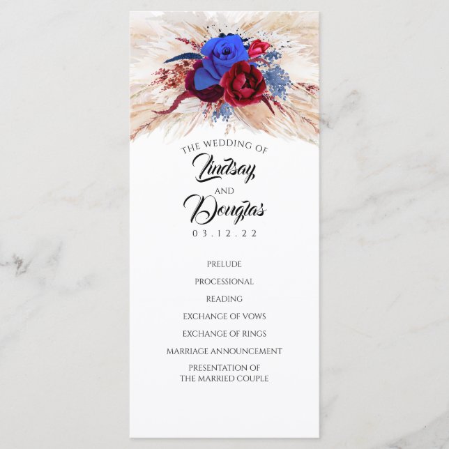Pampas Grass Burgundy Red Navy Wedding Programs (Front)