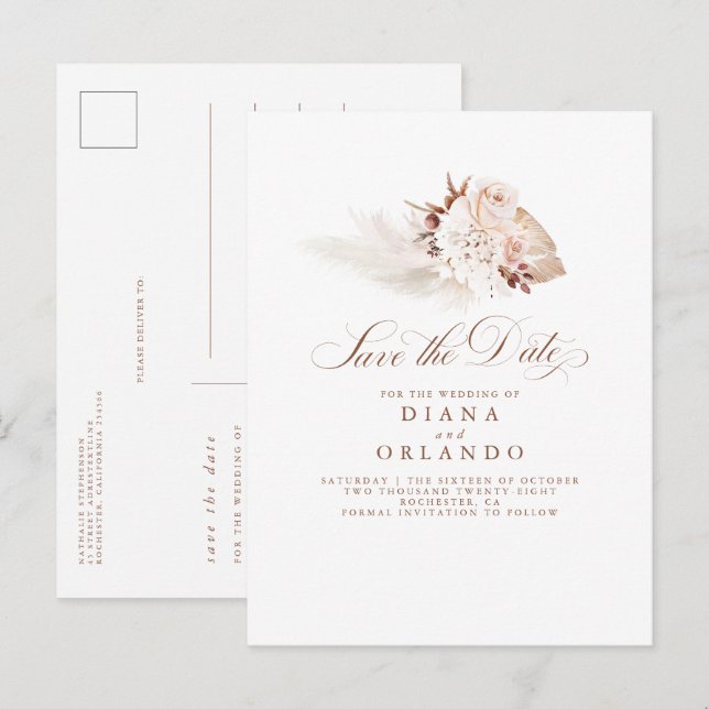 Pampas Grass Cream Flowers Exotic Save The Date Announcement Postcard (Front/Back)