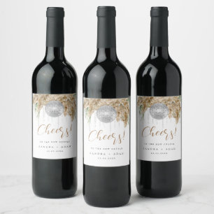 Pampas Grass Disco Ball Boho Wedding Wine Label