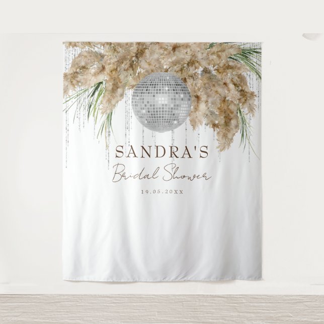 Pampas Grass Disco Ball Bridal Shower Backdrop Tapestry (Front)