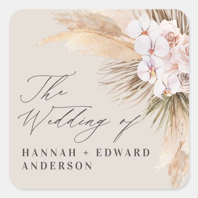 Pampas grass dried botanical script boho wedding s square sticker (Front)