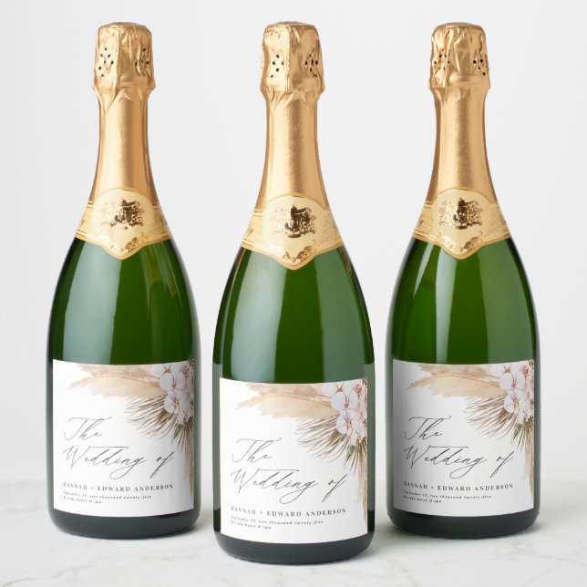 Pampas grass dried botanical script boho wedding w sparkling wine label (Bottles)