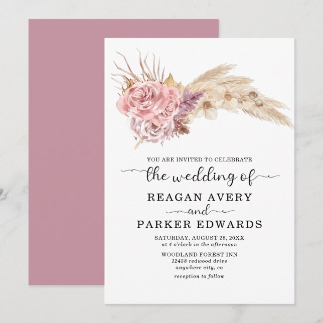 Pampas Grass Dried Floral Rose and Purple Wedding Invitation (Front/Back)
