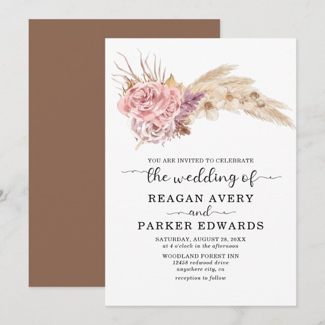 Pampas Grass Dried Floral Rose and Purple Wedding Invitation (Front/Back)