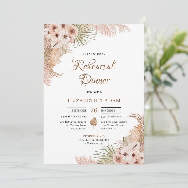 Pampas Grass Dried Palm Blush Orchid Rehearsal   Invitation (Standing Front)
