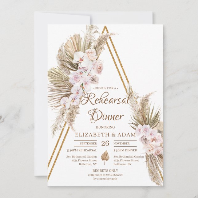 Pampas Grass Dried Palm Blush Rose Gold Rehearsal Invitation (Front)