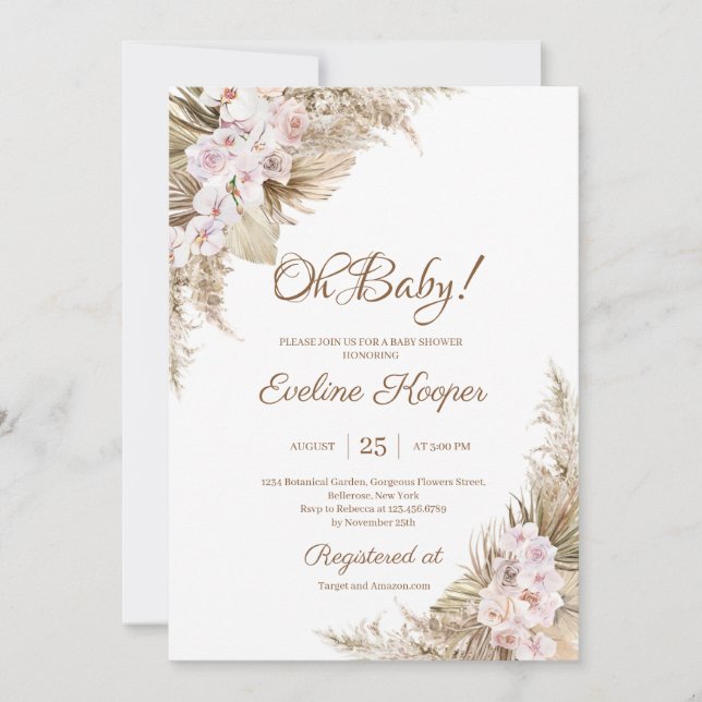 Pampas Grass Dried Palm Blush Rose Orchid Oh Baby  Invitation (Front)