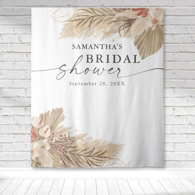 Pampas Grass Dried Palm Bridal Shower Tapestry (Pampas grass dried palm fronds watercolor design on this bridal shower tapestry backdrop.)
