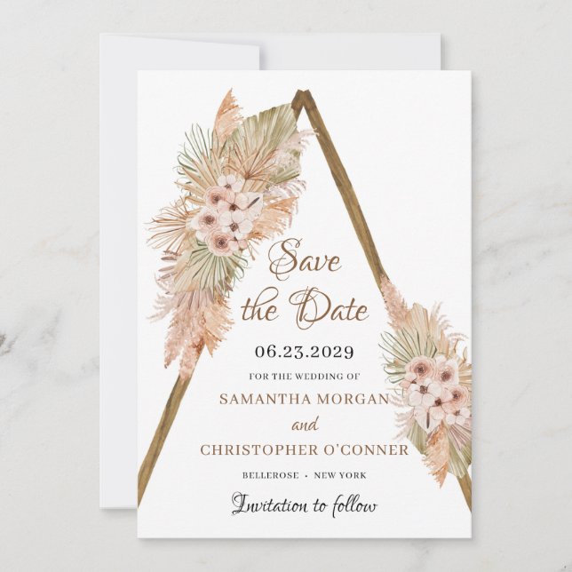 Pampas Grass Dried Palm Wooden Arch Blush Orchid Save The Date (Front)