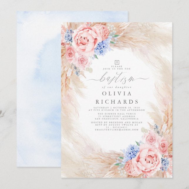 Pampas Grass Dusty Blue and Pink Baptism Invitation (Front/Back)