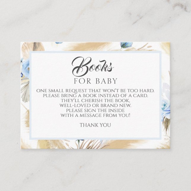 Pampas Grass Dusty Blue Floral Baby Books Request Business Card (Front)