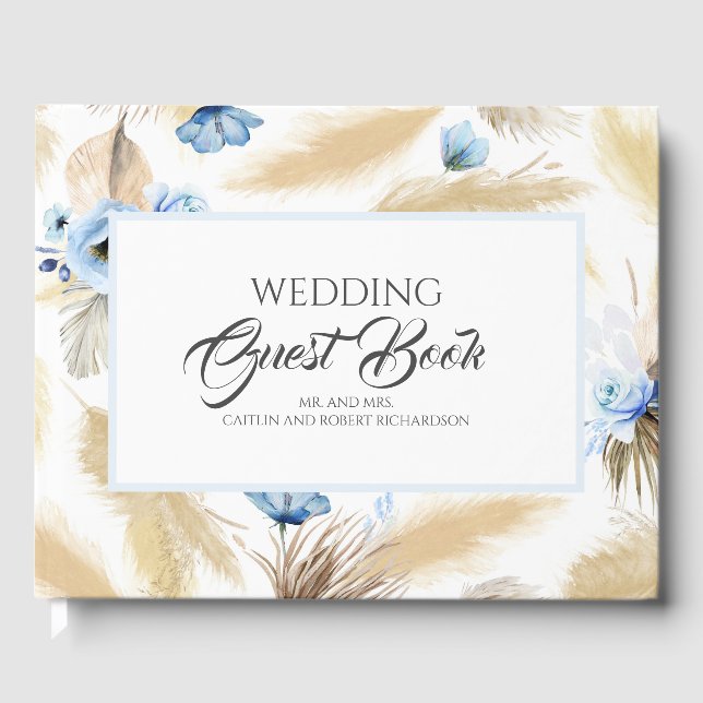 Pampas Grass Dusty Blue Floral Wedding Guest Book (Front)