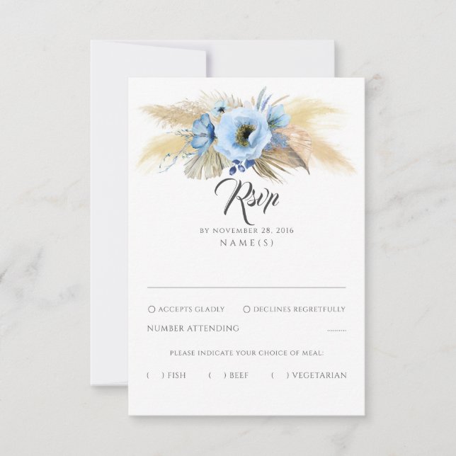 Pampas Grass Dusty Blue Floral Wedding RSVP (Devant)