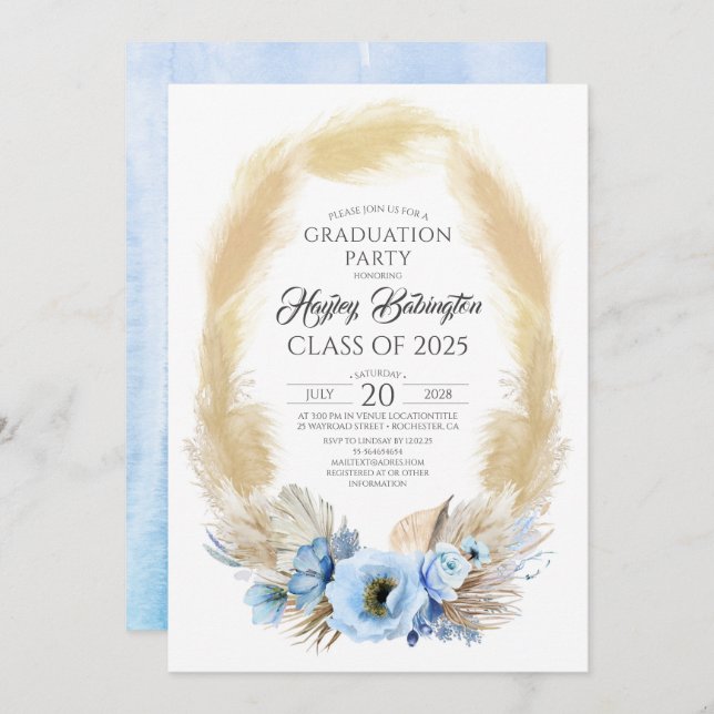 Pampas Grass Dusty Blue Flowers Graduation Party Invitation (Front/Back)