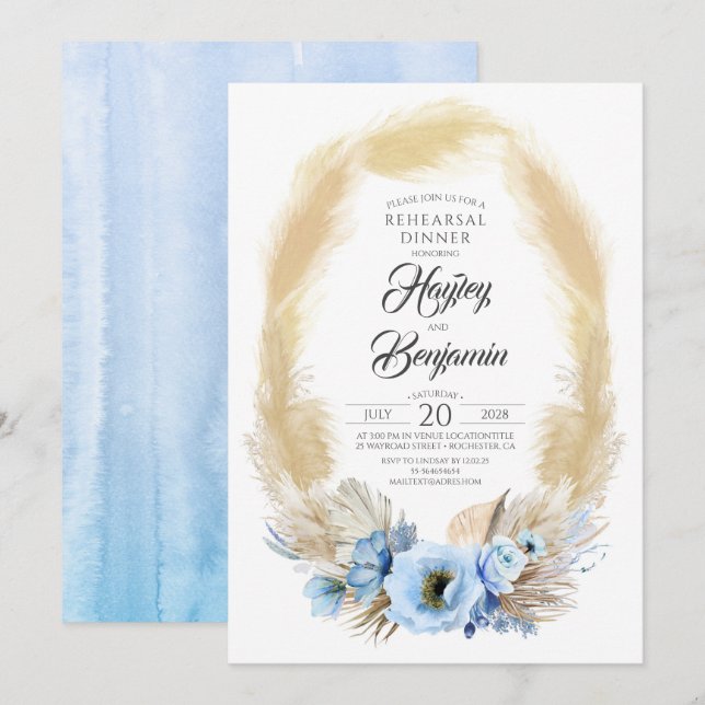 Pampas Grass Dusty Blue Flowers Rehearsal Dinner Invitation (Front/Back)