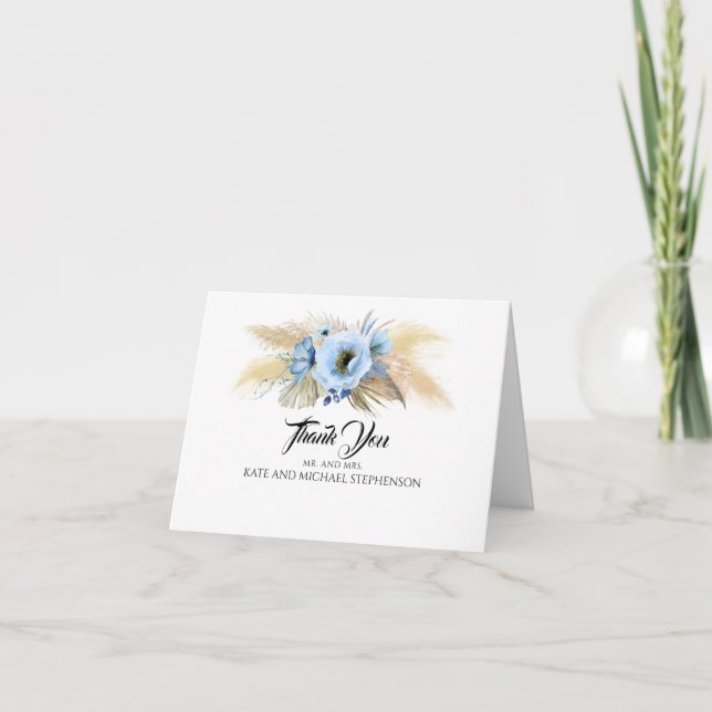 Pampas Grass Dusty Blue Flowers Wedding Thank You (Front)