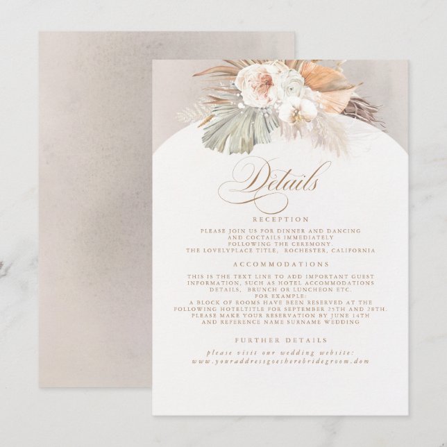 Pampas Grass Elegant Soft Pastel Wedding Details Enclosure Card (Front/Back)
