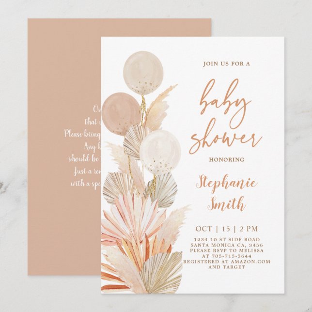  Pampas Grass et ballons Baby shower Invitation (Devant / Derrière)