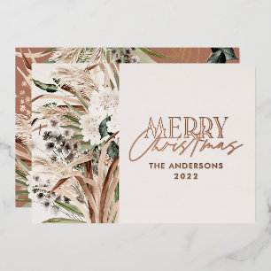 Pampas grass eucalyptus moody modern boho elegant foil holiday card