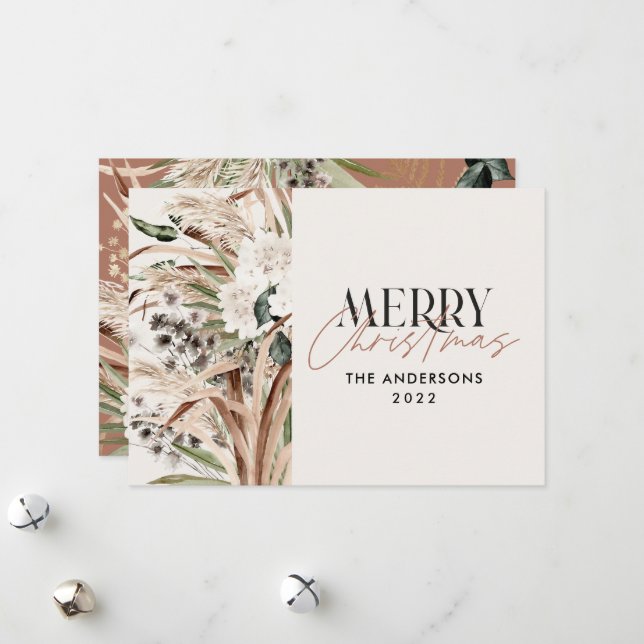 Pampas grass eucalyptus moody modern boho elegant  holiday card (Front/Back In Situ)