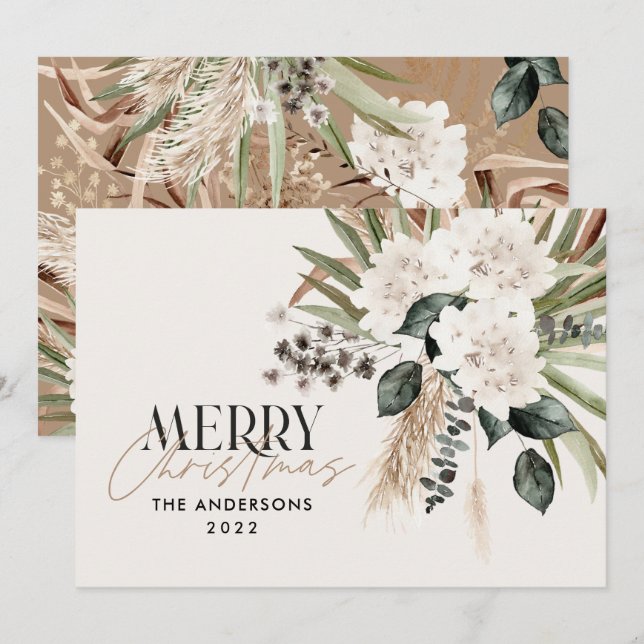 Pampas grass eucalyptus moody modern boho elegant  holiday card (Front/Back)