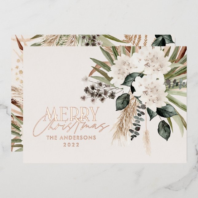 Pampas grass eucalyptus moody modern boho foil hol foil holiday card (Front/Back)