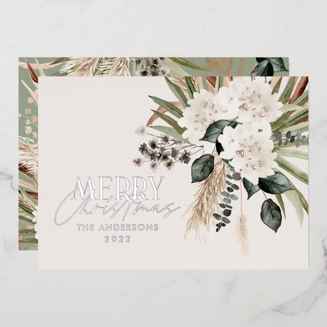 Pampas grass eucalyptus moody modern sage green foil holiday card (Front/Back)
