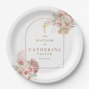 Pampas Grass Floral Baptism Christening Paper Plate