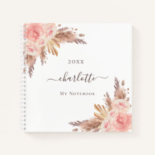 Pampas grass floral blush rose gold name notebook