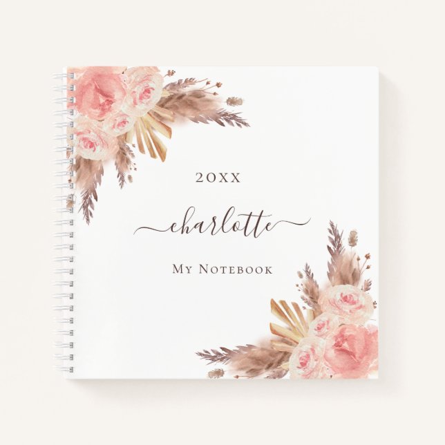 Pampas grass floral blush rose gold name notebook (Front)