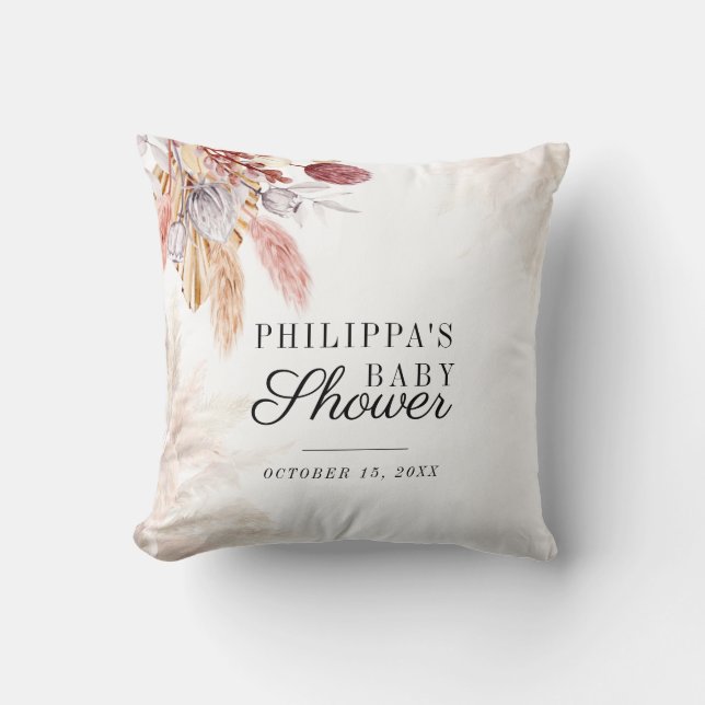 Pampas Grass Floral Boho Girl Baby Shower Throw Pillow (Front)