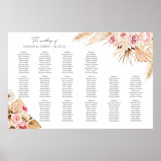 Pampas Grass Floral Boho Table PLan Seating chart (Front)