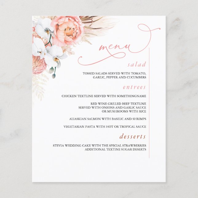 Pampas Grass Floral Botanical Pink Menu (Front)