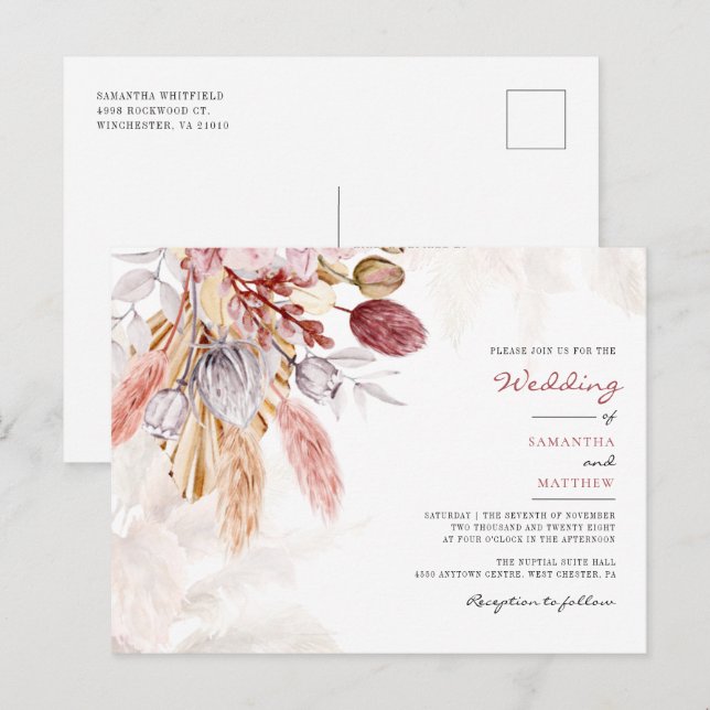Pampas Grass Floral Botanical Rustic Wedding Invitation Postcard (Front/Back)