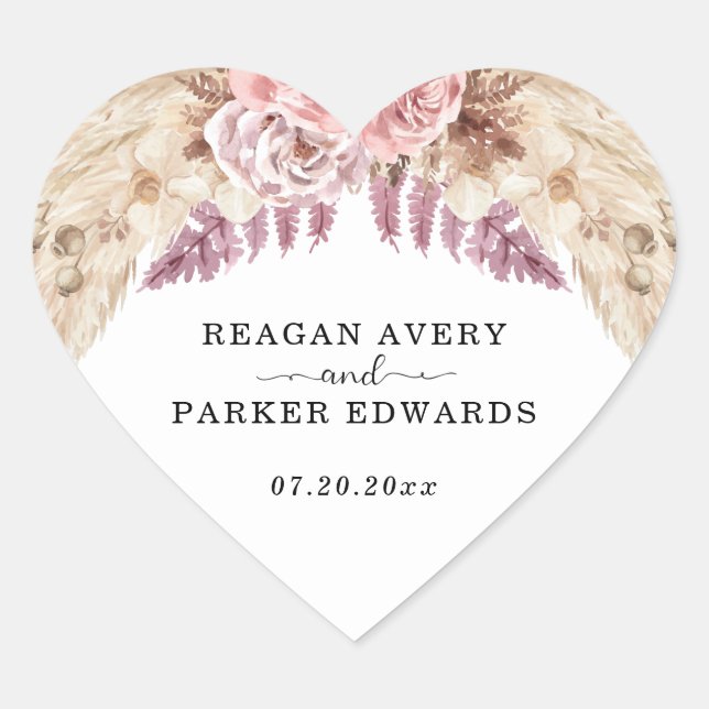 Pampas Grass Floral Custom Wedding Heart Sticker (Front)