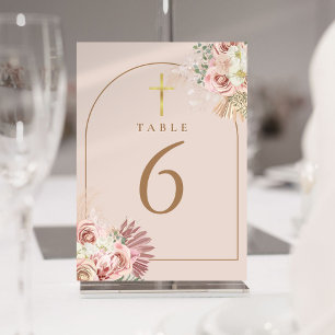 Pampas Grass Floral Gold Cross Table Numbers