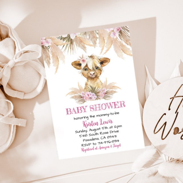 Pampas Grass Floral Highland Cow Boho Baby Shower  Invitation (Creator Uploaded)