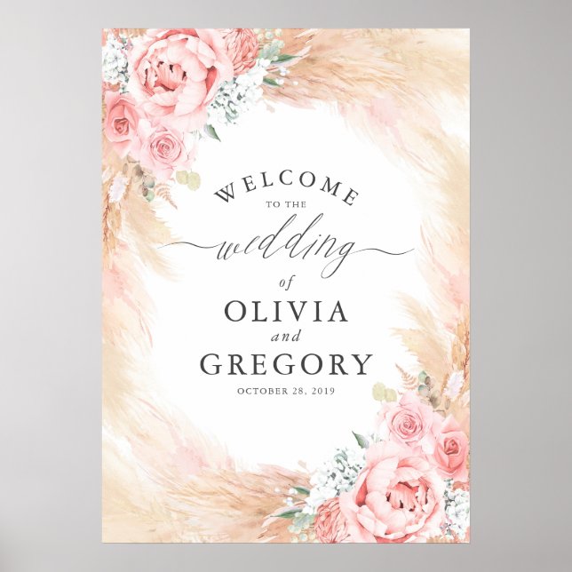 Pampas Grass Floral Pink Wedding Welcome Poster (Front)