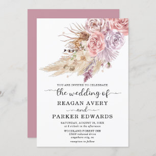 Pampas Grass Floral Rose and Purple Wedding Invitation