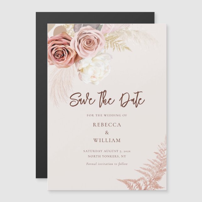Pampas Grass Floral Script Wedding Save The Date Magnetic Invitation (Front/Back)