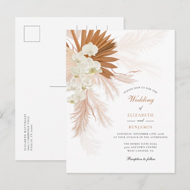 Pampas Grass Floral Tan Rustic Wedding Invitation Postcard (Front/Back)