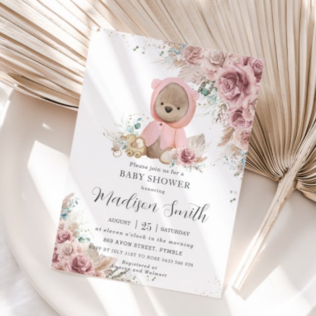 Pampas Grass Floral Teddy Bear Girl Baby Shower Invitation (Creator Uploaded)