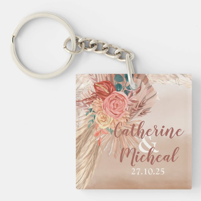Pampas Grass Floral Terracotta Boho Chic Wedding Keychain (Front)