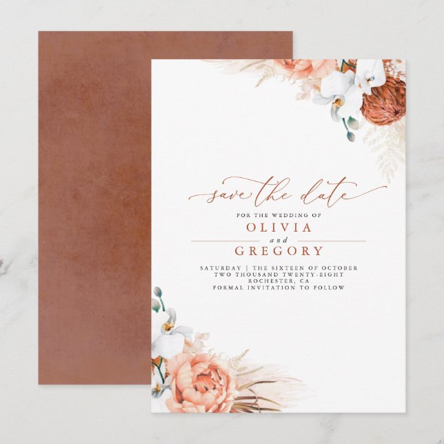 Pampas Grass Floral Terracotta Save the Date Announcement (Front/Back)