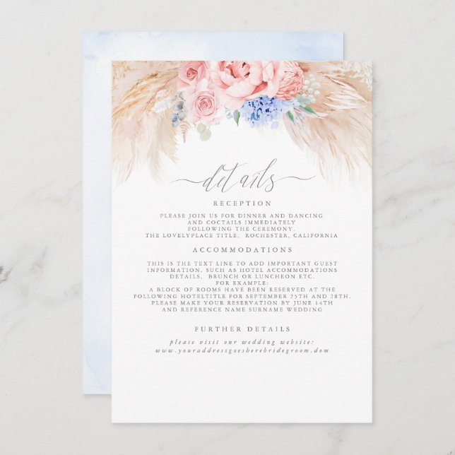 Pampas Grass Floral Wedding Details Enclosure Card (Front/Back)