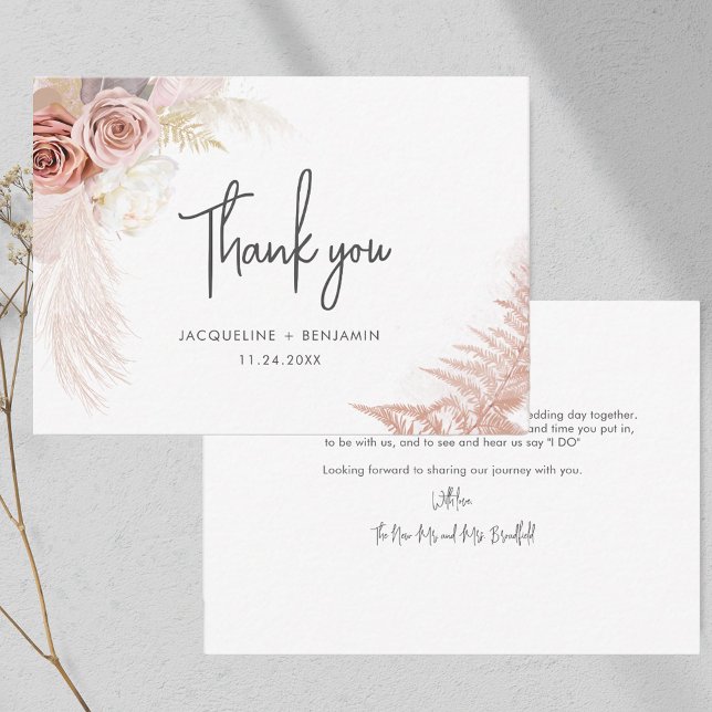 Pampas Grass Floral Wedding Thank You Card (Pampas Grass Script Typography Wedding Thank You Note Card)