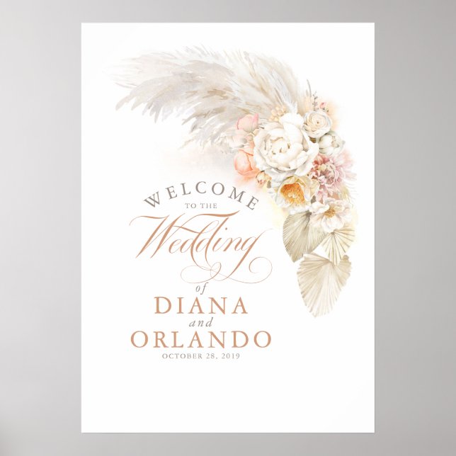 Pampas Grass Floral Wedding Welcome Sign (Front)