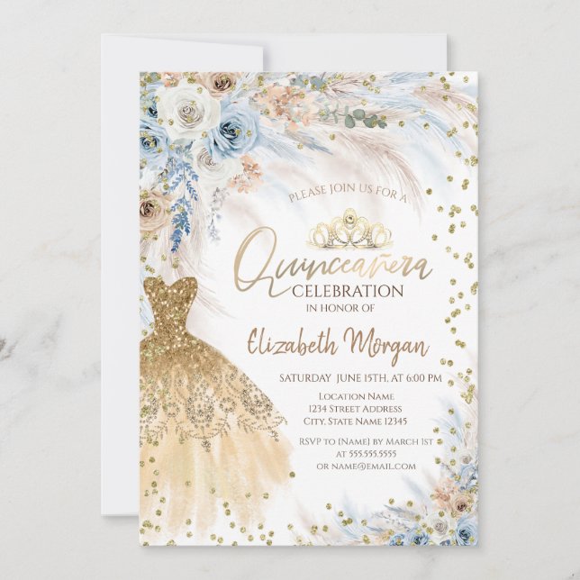Pampas Grass Flowers Dress Diamonds Quinceañera Invitation (Front)